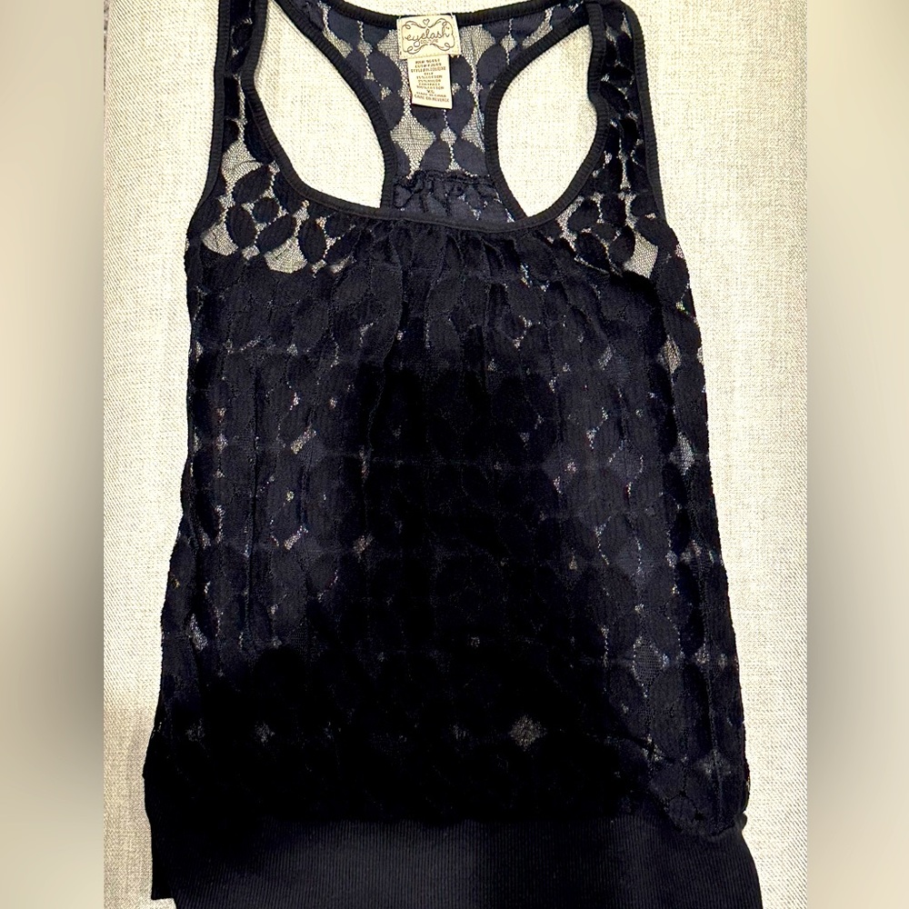 Eyelash Couture Women’s Tank. Black Lace. Size XS. T Back. Banded bottom